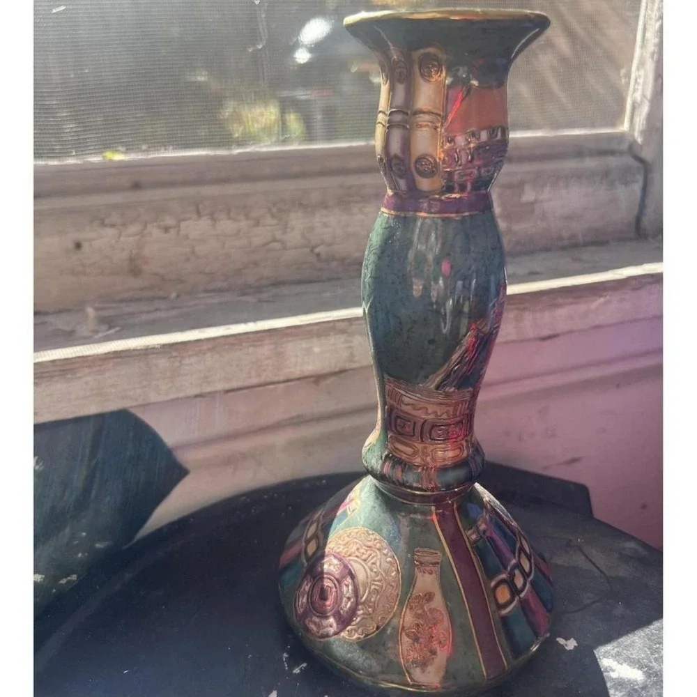 Decorative Porcelain Candlestick Holder Gilt Green Multicolor Asian Motif Enamel